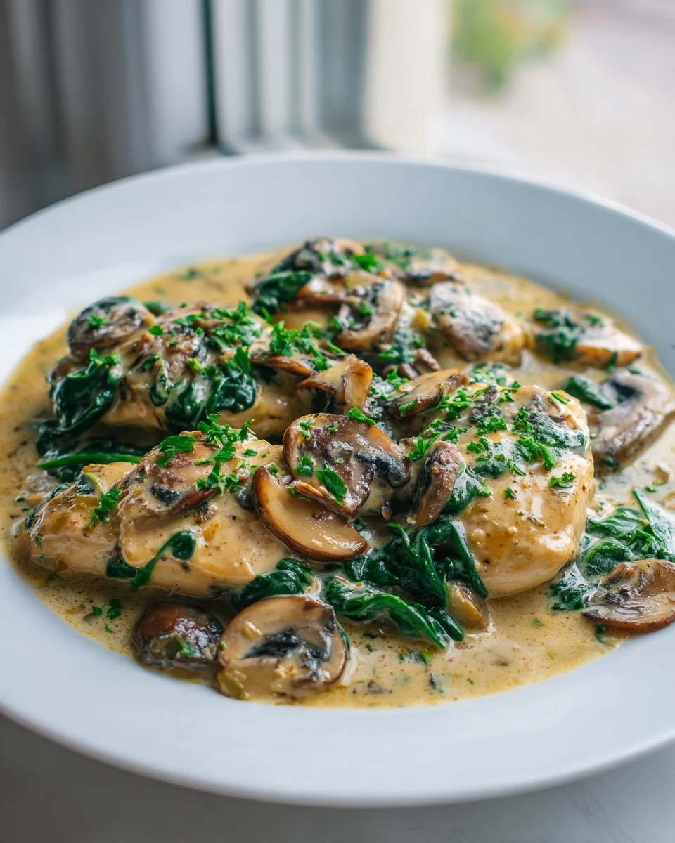 Cremiges Knoblauch-Hähnchen mit Spinat und Champignons Rezept