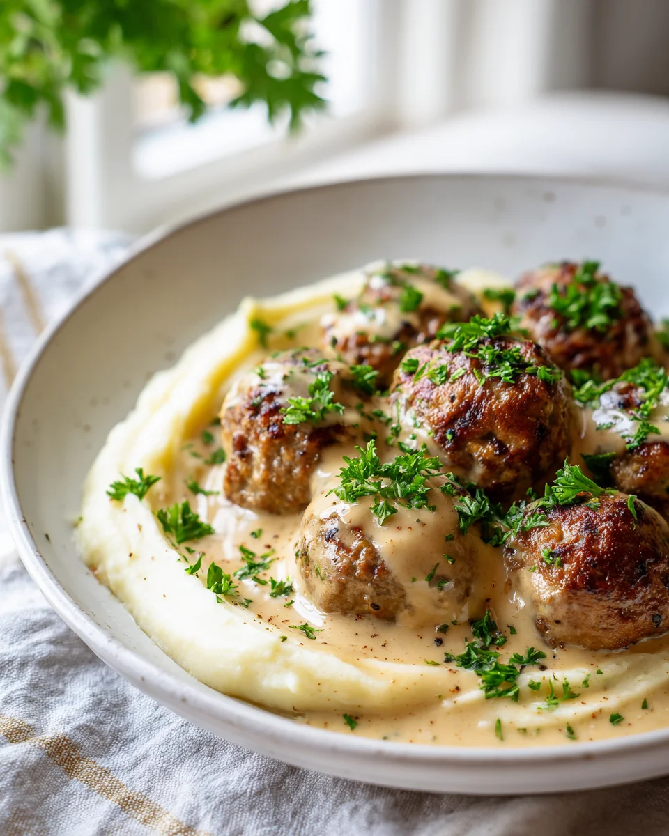Vegane Hackbällchen mit cremiger Sauce und Blumenkohlpüree