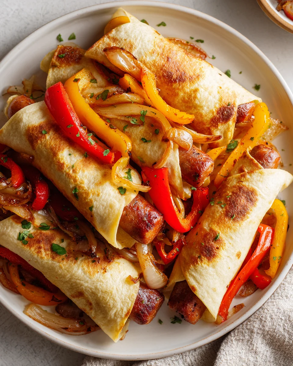 One Pan Gebackene Hot Dogs in Tortilla mit Paprika & Zwiebeln