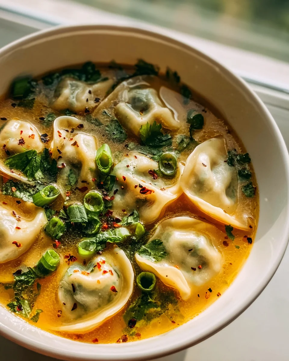 Leckere Gyoza-Suppe mit Rindfleisch und frischem Gemüse