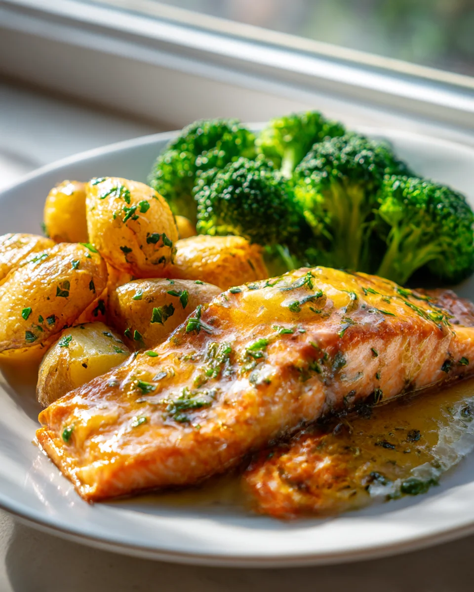 Lachs in Zitronenbutter mit knusprigen Kartoffeln & Brokkoli