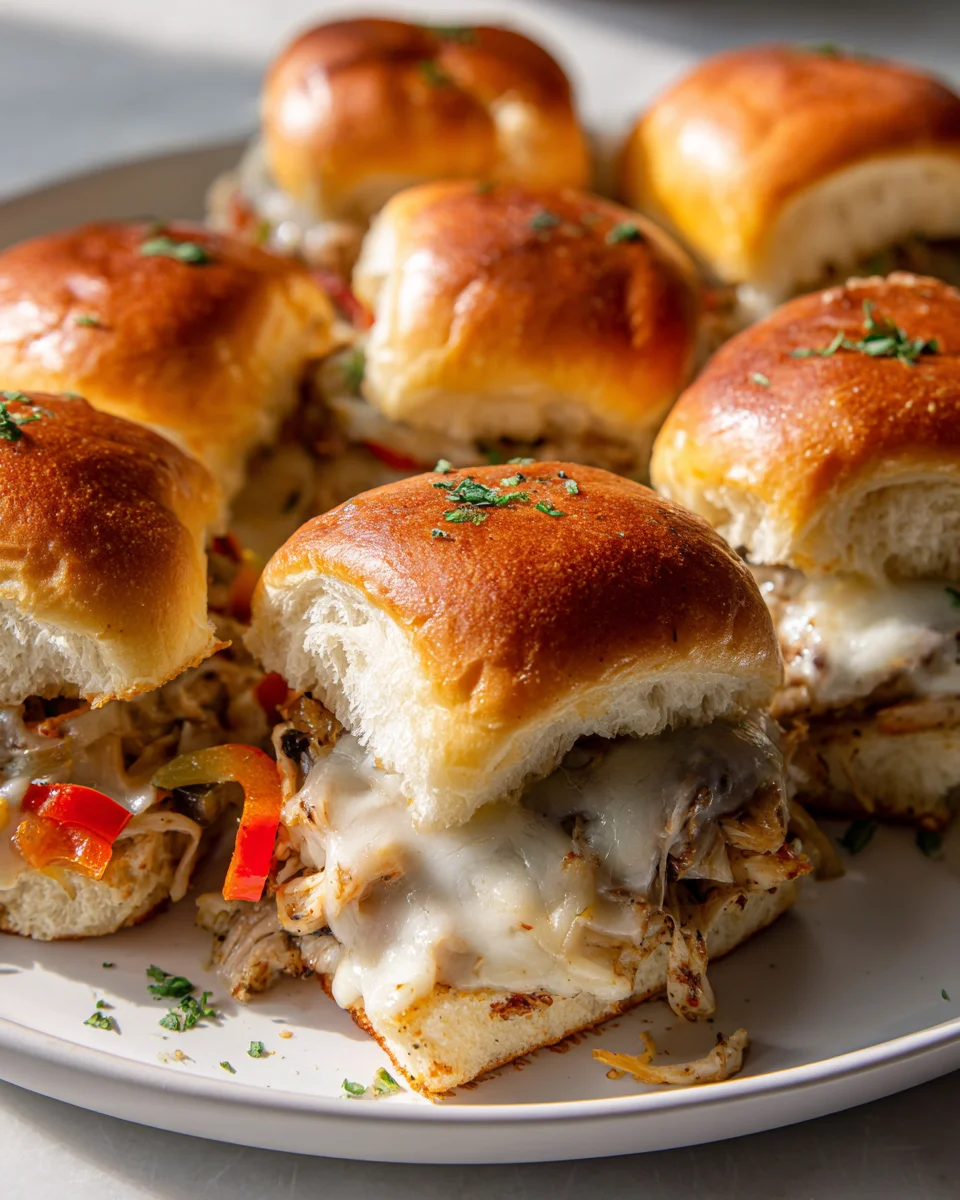 Hähnchen-Cheesesteak Sliders mit geschmolzenem Provolone