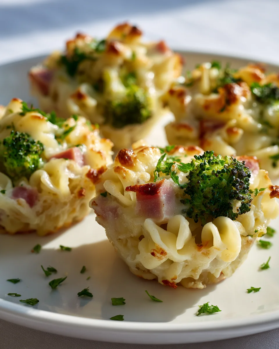 Mini Nudelauflauf Cups mit Brokkoli und Schinken für Partys
