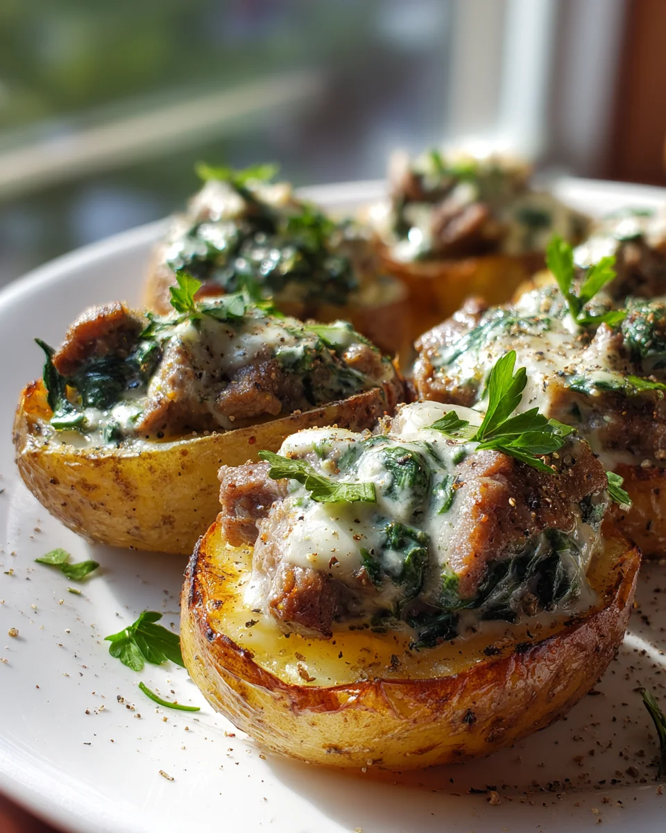 Low Carb Steak gefüllte Kartoffelhälften mit Parmesan-Spinat-Sauce