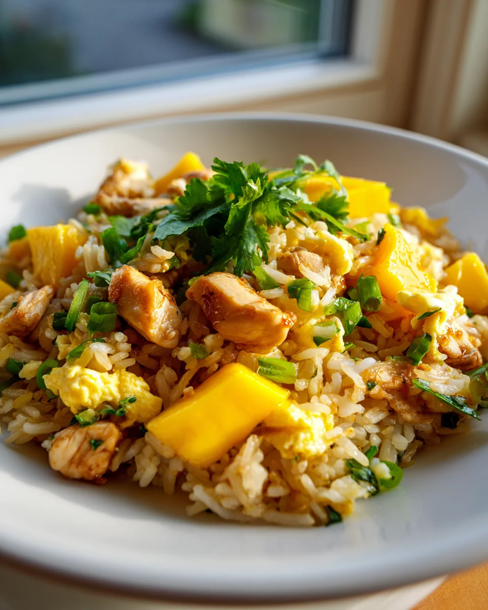 Mango-Hühnchen-Pfanneneis mit Ei und Frühlingszwiebeln