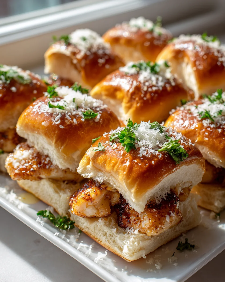 Party-fertige Zitronen-Hühnchen Romano Sliders auf Knoblauchröllchen