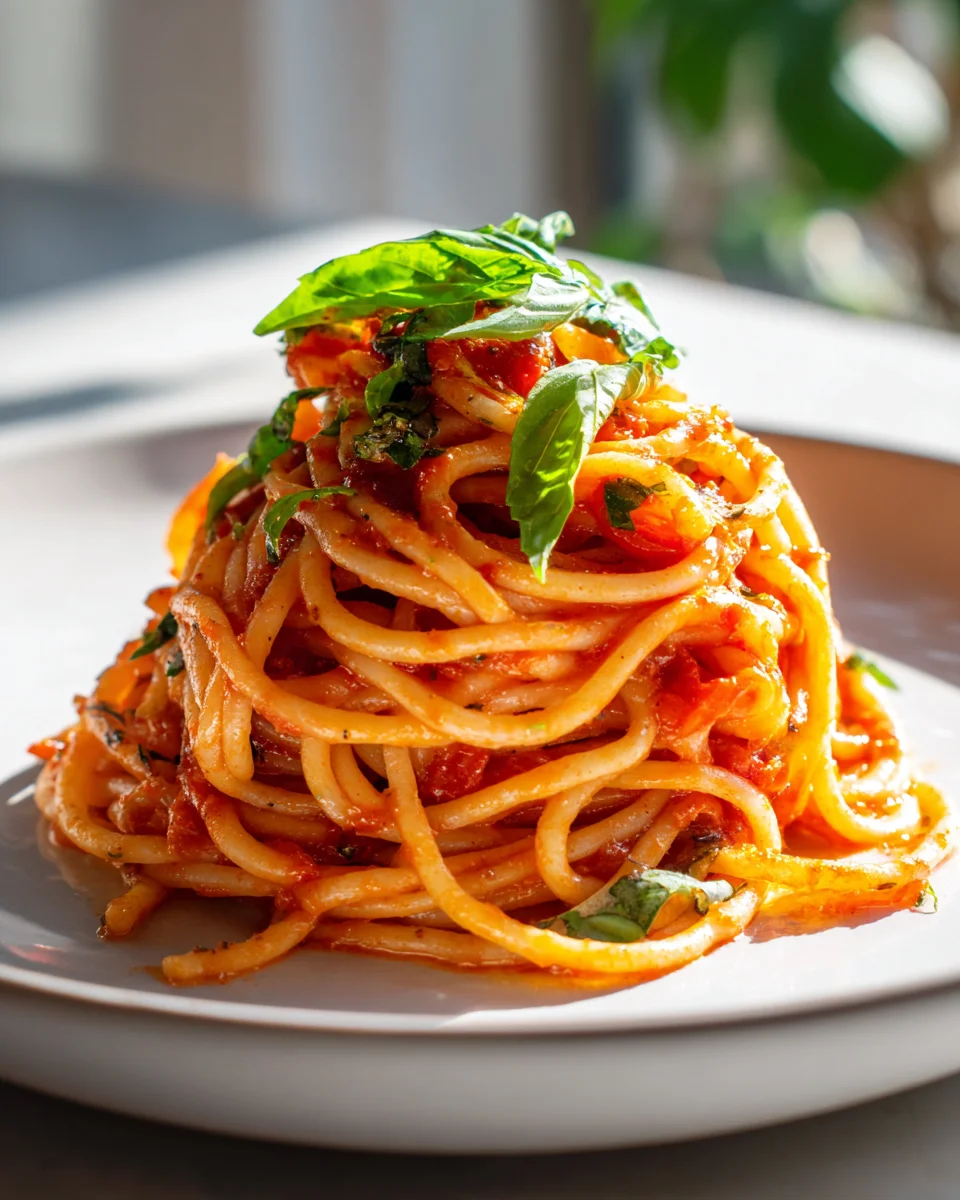 Cremige Knoblauch-Tomaten-Pasta mit frischem Basilikum