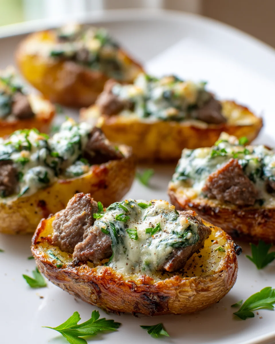 Low Carb Steak gefüllte Kartoffelhälften mit Parmesan-Spinat-Sauce