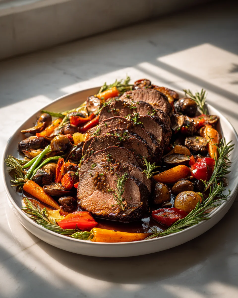 Saftiges Rinderfilet auf dem Blech mit Pilzen & Gemüse