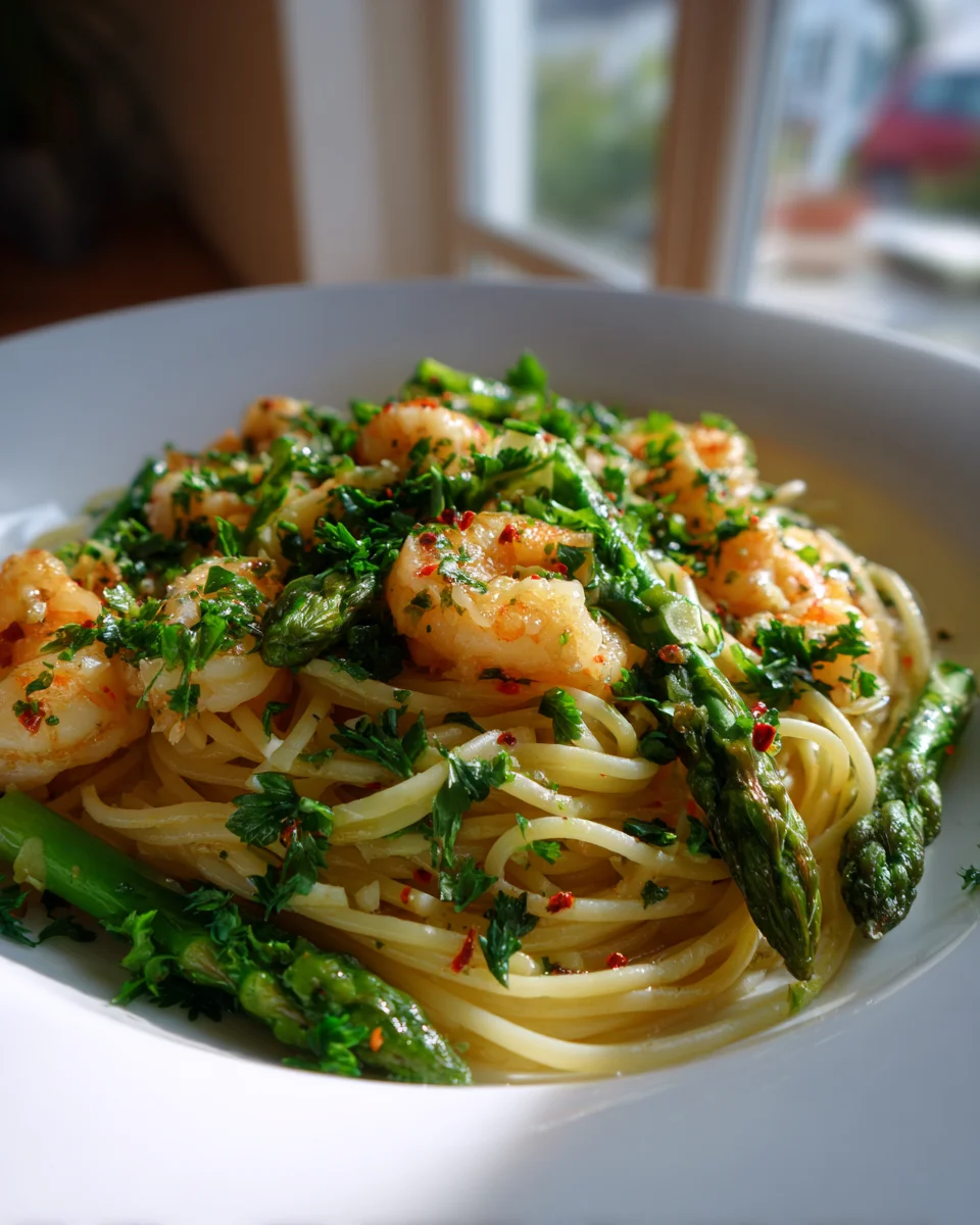 Pasta mit grünem Spargel und Garnelen in Knoblauch-Chili-Öl