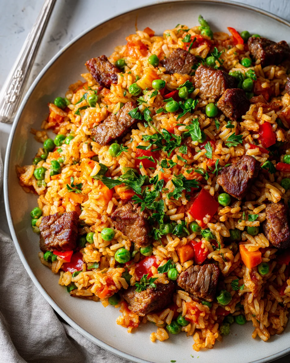 Herzhafter Reis-Pfanne mit Rind und Paprika