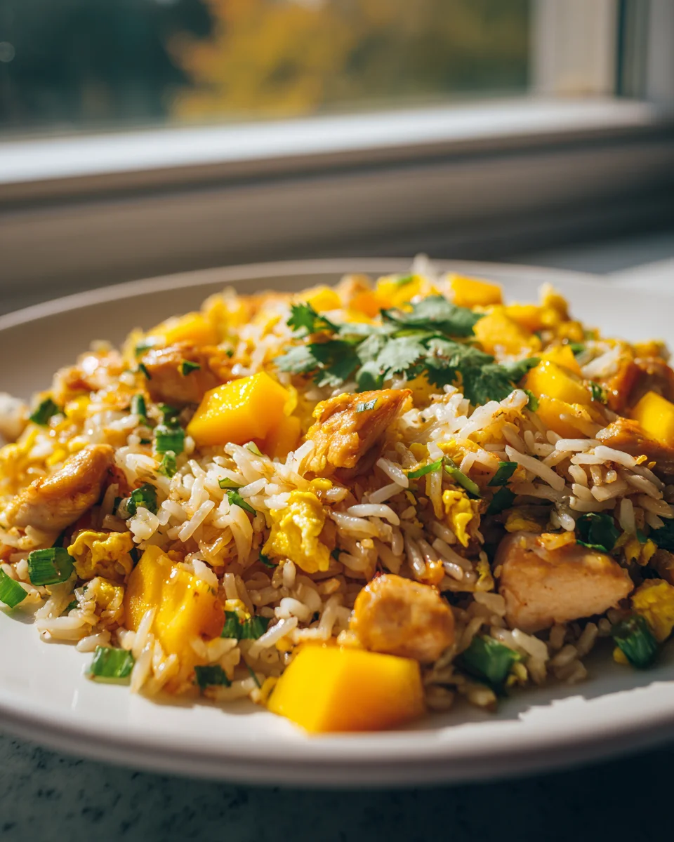 Mango-Hühnchen-Pfanneneis mit Ei und Frühlingszwiebeln