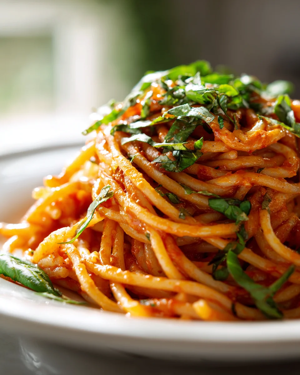 Cremige Knoblauch-Tomaten-Pasta mit frischem Basilikum