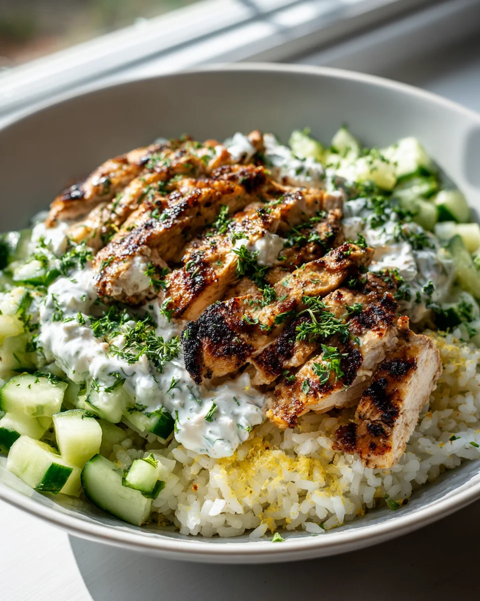 Griechische Kipwrap Bowls mit Zitronenreis und Gurke Rezept