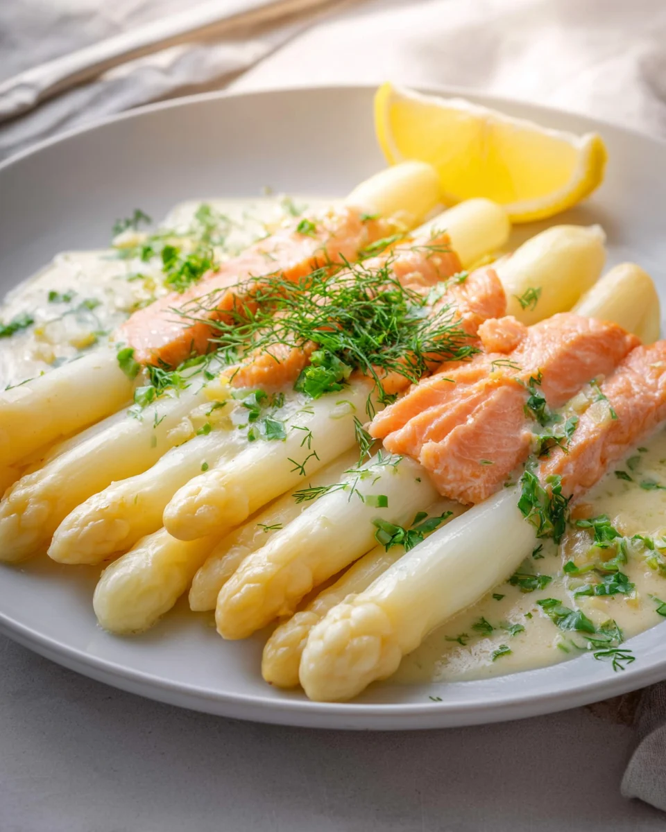 Weißer Spargel mit Lachs in Zitronensauce