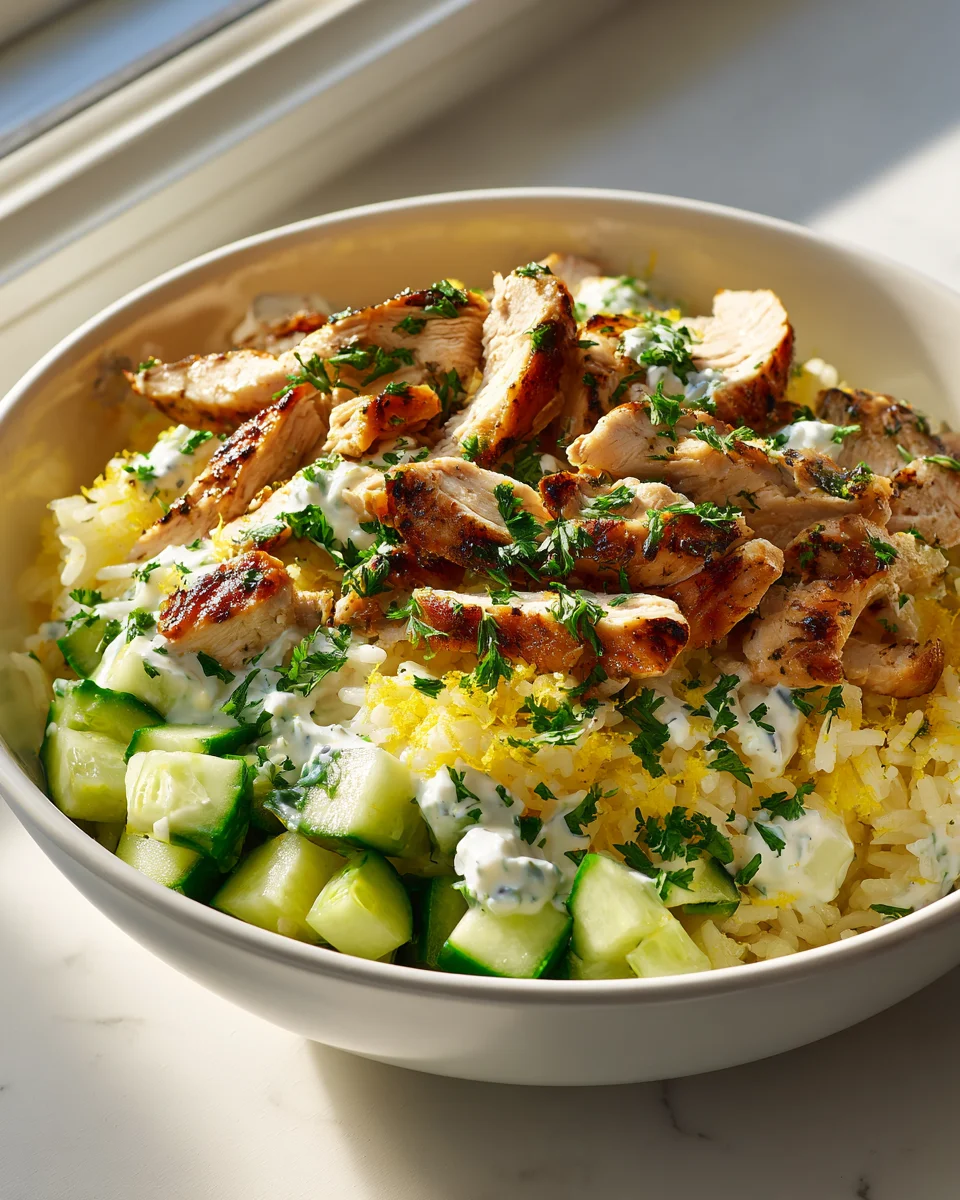 Griechische Kipwrap Bowls mit Zitronenreis und Gurke Rezept